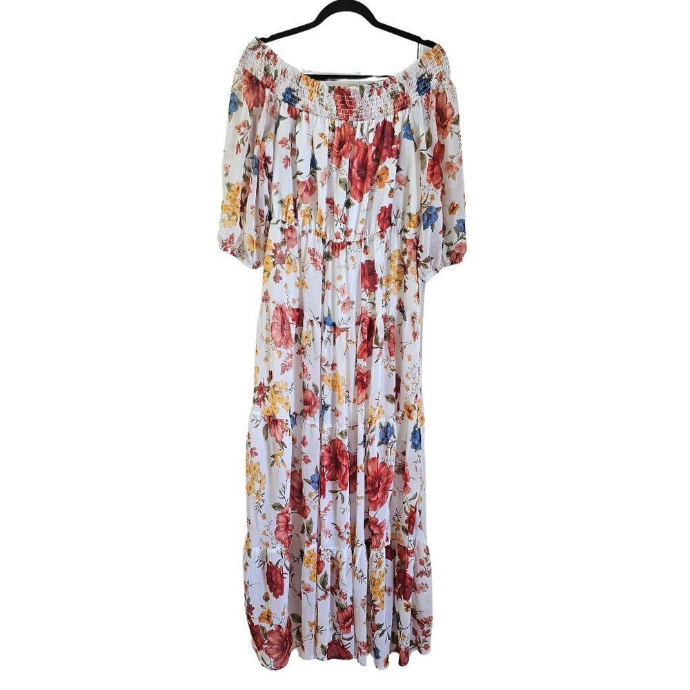 Forever 21 White Floral Off-Shoulder Maxi Dress with Red, Yellow & Blue Accents
